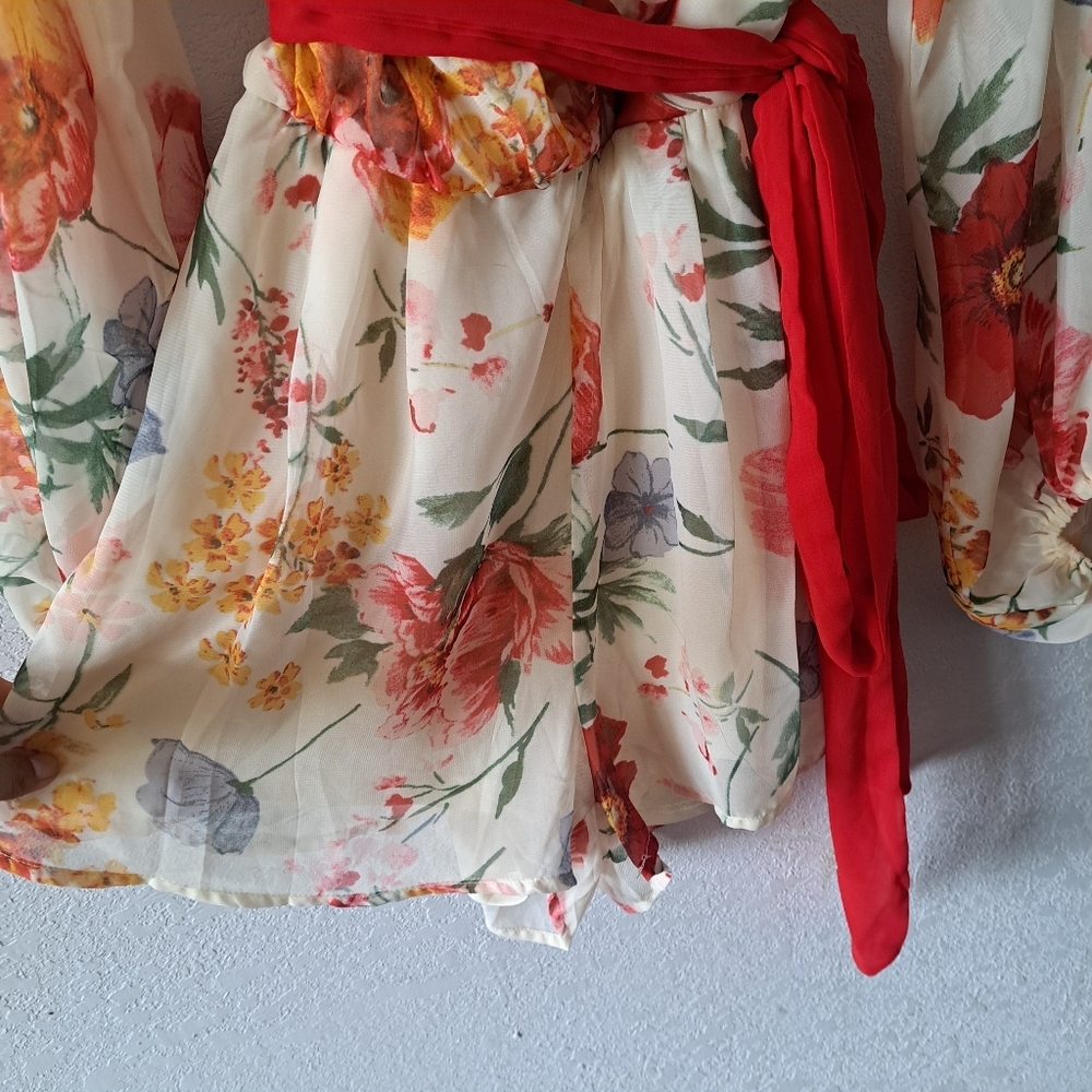 Fashion Nova Cream Floral Jumpsuit with Red Belt - Picture 4 of 5